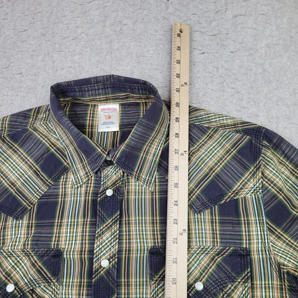 True Religion Pearl Snap Western Shirt Mens 2XL Green Plaid Long Sleeve